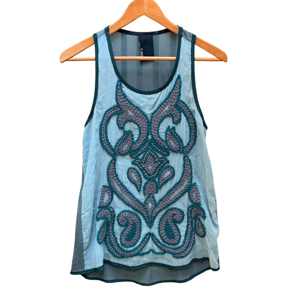 Dolan Tank Top Womens S Blue T-Shirt Sleeveless Embroidered Boho Pleated USA